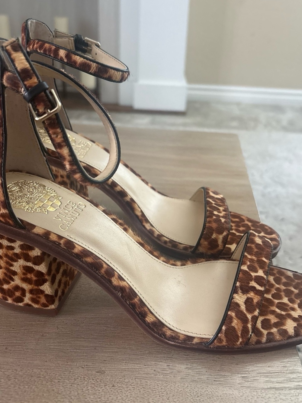 Vince Camuto Leopard Print Ankle Strap Heels - Brown/Tan - Picture 2 of 4